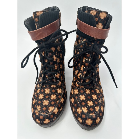 Womens Ankle Boots Brown Tan Plus Print Lace Up Heel Booties Size 8M - Picture 2 of 10